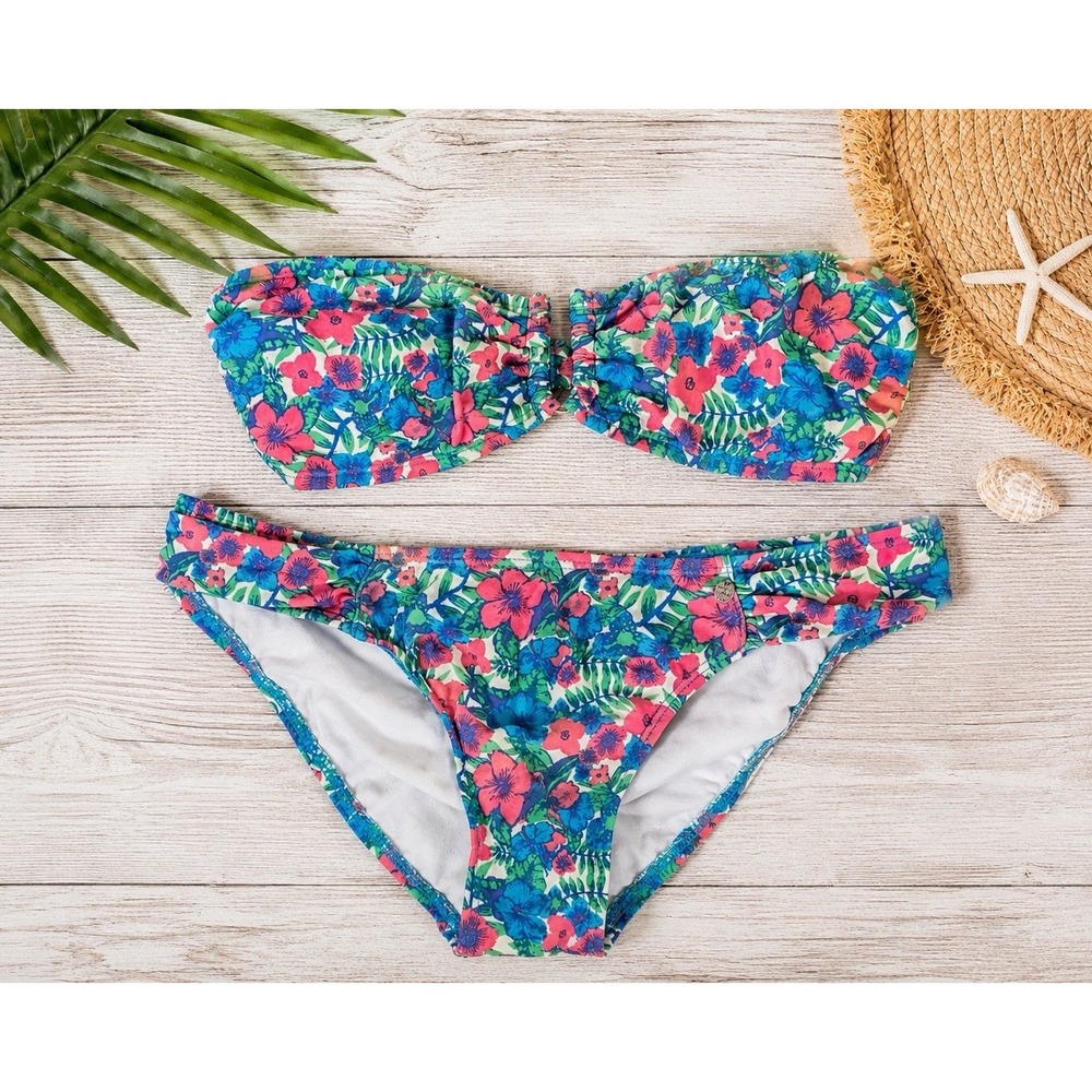 Kira Floral Bandeau Bikini‎ Set Tropical Pink Blue Green Top M Bottoms S